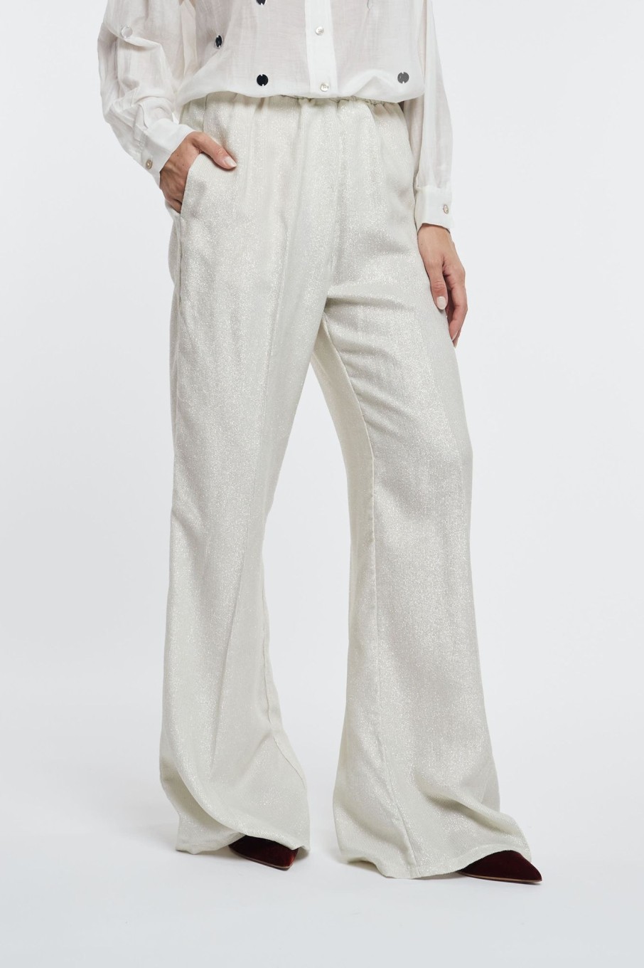 Donna forte_forte Pantaloni | Pantalone Flared In Velluto Laminato Grigio Donna Forte Forte