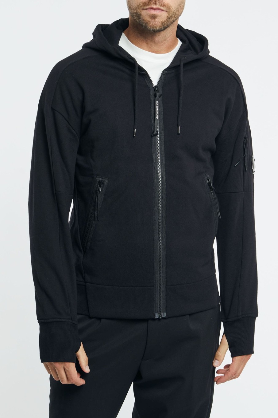 Uomo c.p. company Felpe | Hoodie Diagonal Raised Fleece Zipped Lens Nero