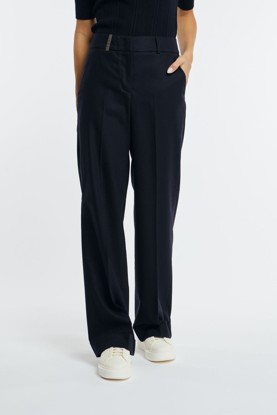 Donna peserico Pantaloni | Pantalone Flanella Stretch In Lana Lurex Blu Donna